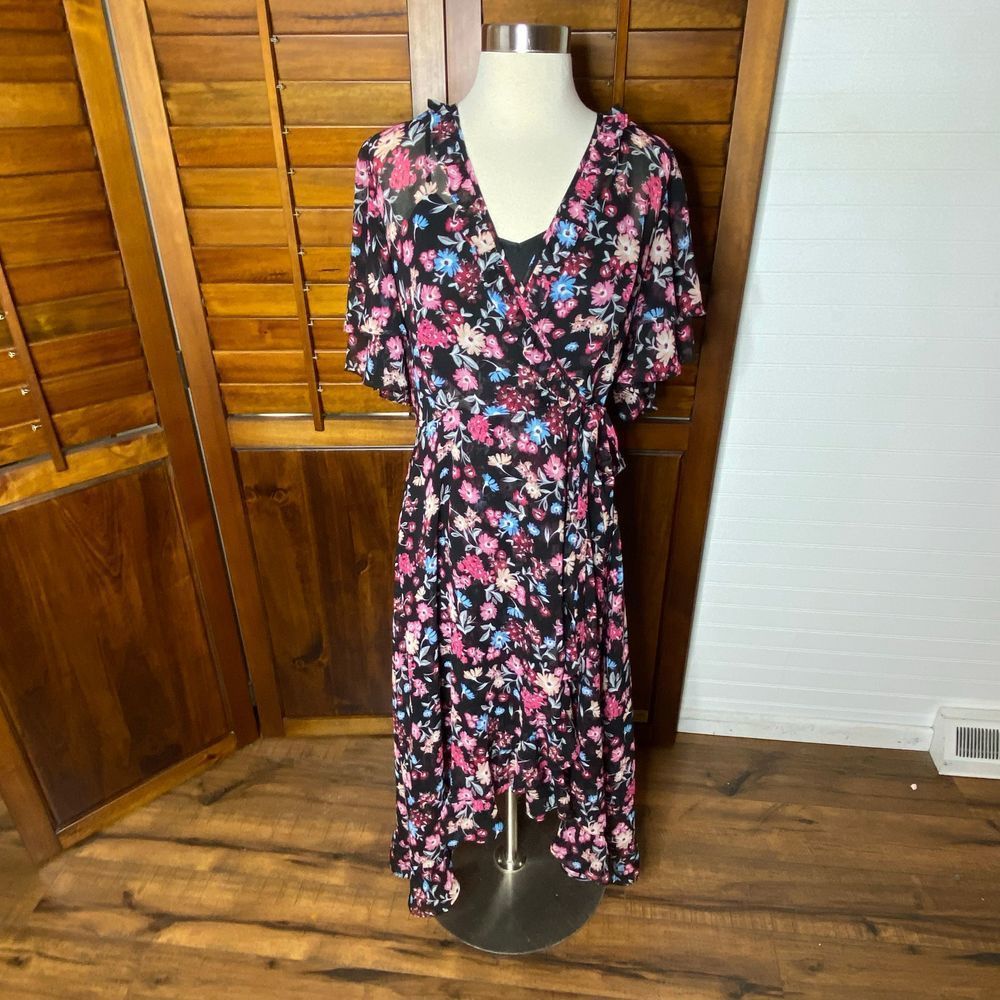 Calvin Klein Multicolor Floral Sheer Faux Wrap Dress